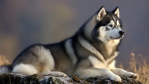Regal husky rests calmly on a frosty hillside at dusk
