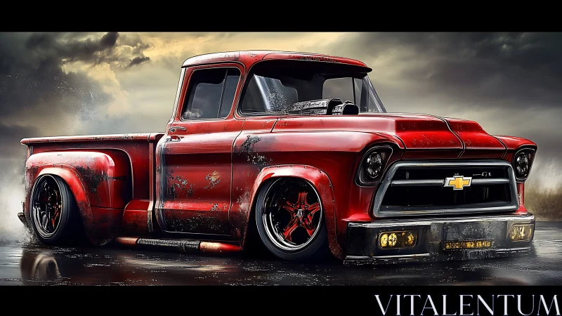 Storm-chased crimson Chevy truck slammed on slick asphalt.