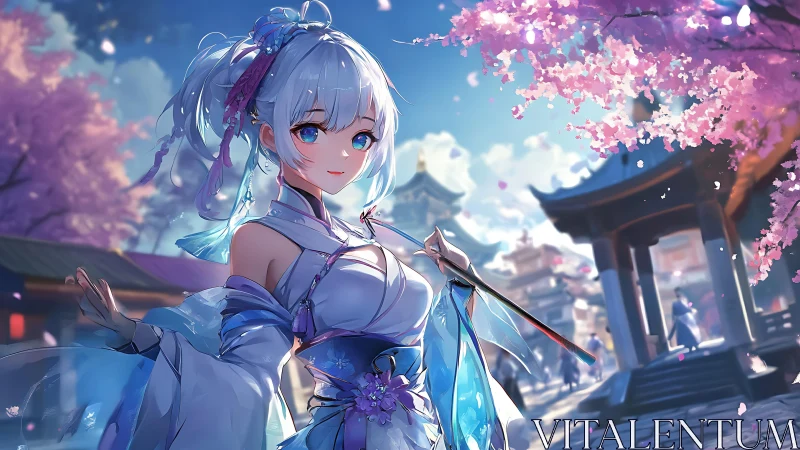 Anime swordswoman under cherry blossoms in ornate robe.