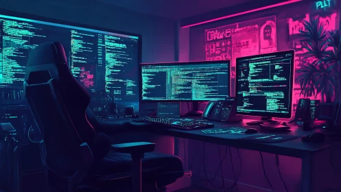 Cyberpunk dual-tone hacker workstation with panoramic displays.