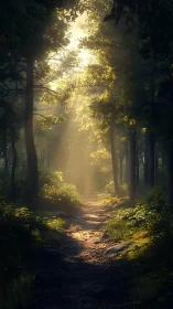 Forest path with directional sunlight through canopy.