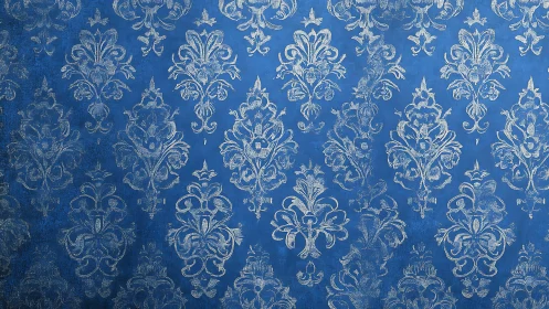 Blue ornamental wallpaper with repeating damask motifs pattern.
