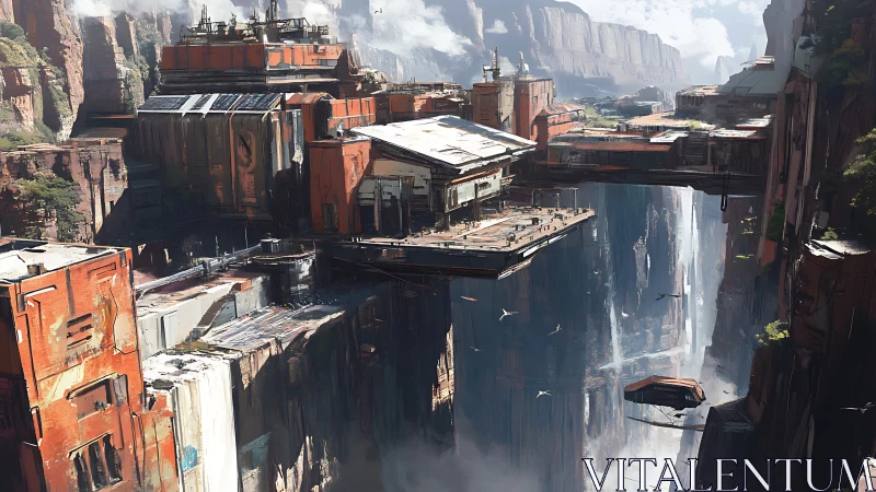 Futuristic cliffside city hovers above a vast misty canyon.