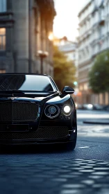 Photorealistic frontal luxury sedan on urban cobblestone street.