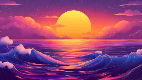 Chromatic ocean waves under a hyper-saturated digital sunset.