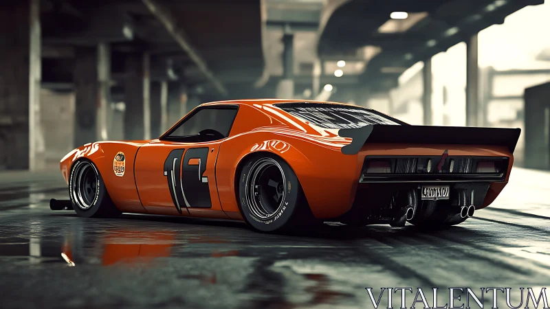 Orange race-modified classic car in indoor parking structure.