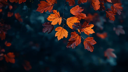 Autumn maple leaves form a high-contrast study against teal bokeh