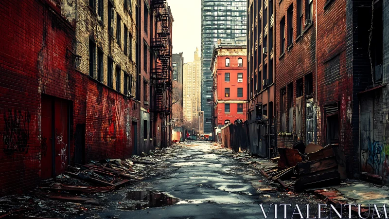 Derelict urban alleyway with wet pavement and decayed facades