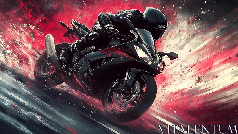 Velocity-charged superbike carving through crimson spray.