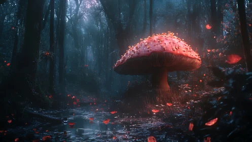 Luminescent crimson mushroom crowns misted twilight forest