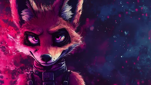 Electric fox gaze in neon twilight space storm.