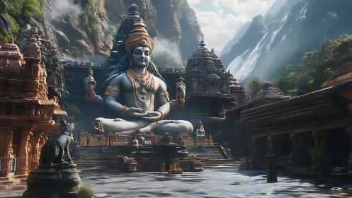 Mountain temple courtyard with large seated deity statue.