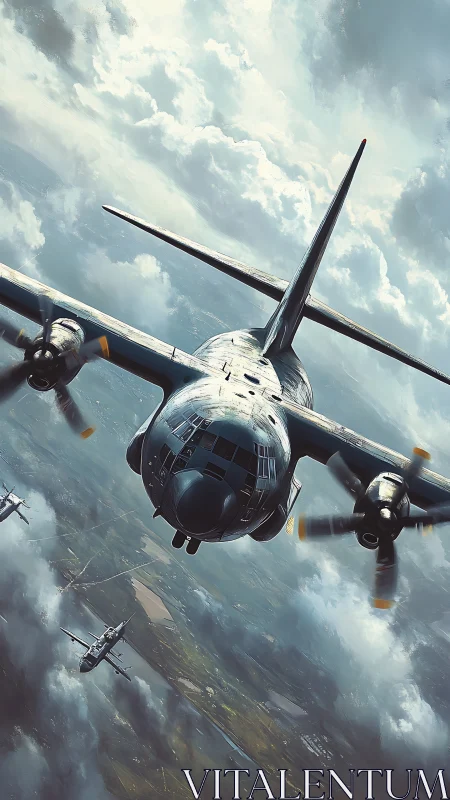 Bold transport aircraft soaring through bright stormy skies.
