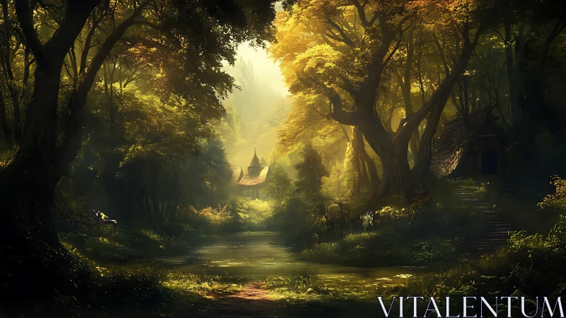 Enchanted Forest Path Glows With Golden Sunlight