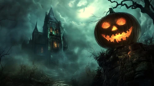 Giant jack-o’-lantern looms over misty haunted mansion at night.