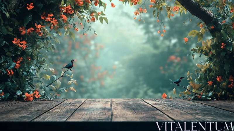 Wooden terrace overlooks misty garden framed by flowers