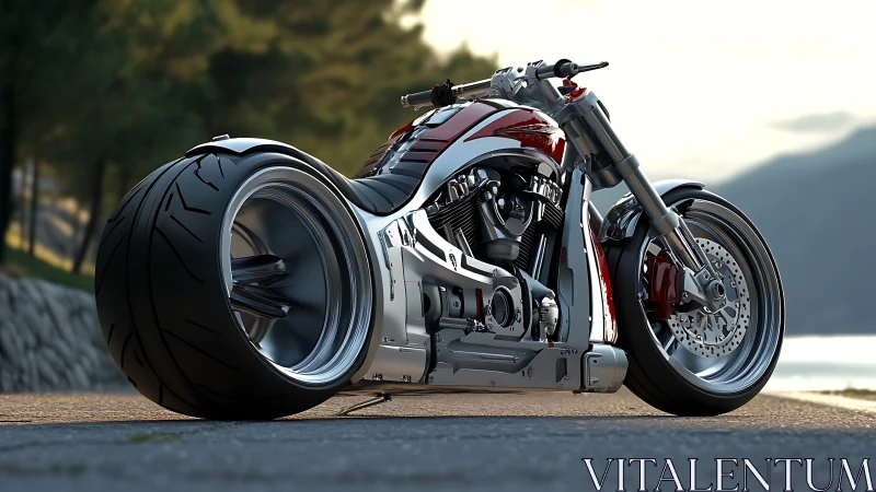 Low-angle render of wide-tire custom cruiser motorcycle design.