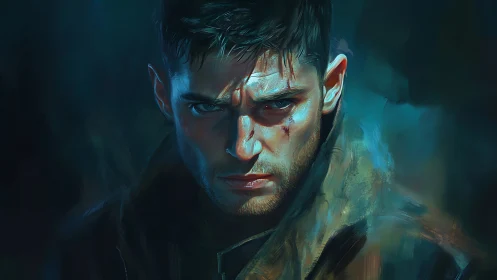 Battle-hardened warrior stares ahead in moody teal light.