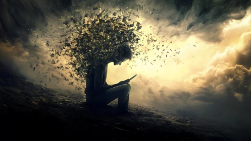 Silhouetted reader dissolves into luminous flocked fragments