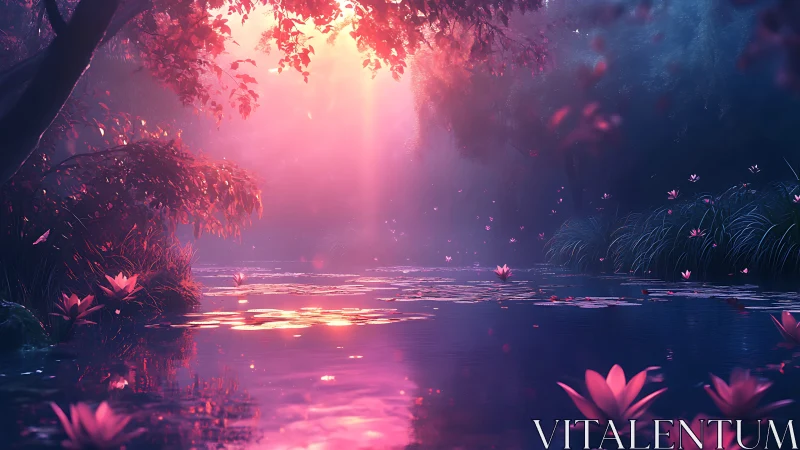Sunlit lotus pond reflects vivid pink and purple forest light