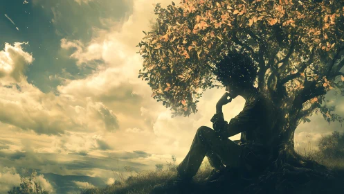 Silhouette of seated thinker merging with a glowing tree.
