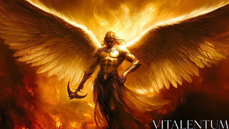Radiant winged warrior emerges from infernal blaze with dynamic bloom