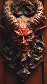 Demonic door knocker grins with wickedly ornate menace.