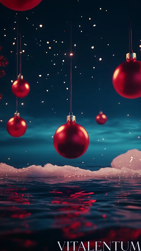 Red Christmas baubles over reflective winter water at dusk.