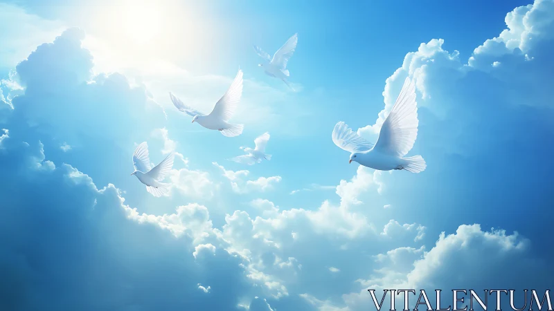 Sunlit doves carve bright pathways through cathedral clouds