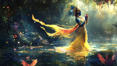 Divine blue figure walks through radiant enchanted waters.