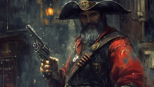 Bearded pirate gunslinger aims revolver in rain-soaked alley