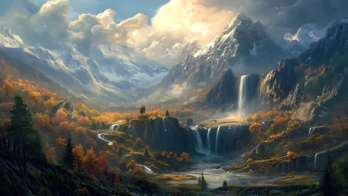 Majestic alpine waterfalls amid glowing autumn valley panorama.