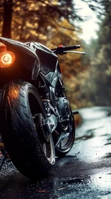 Rear-quarter superbike portrait on wet forest road surface.