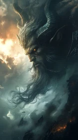 Storm-forged horned titan drifts between embers and clouds