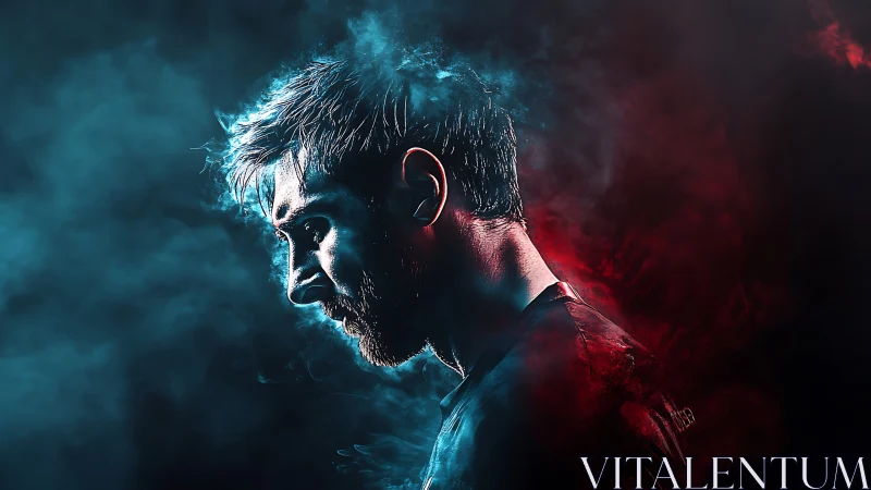 Neon smoke warrior in blue and crimson haloed solitude.