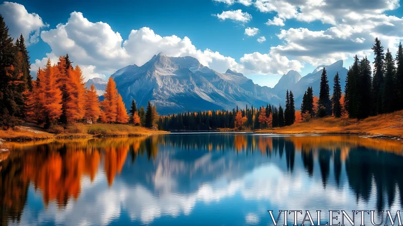 Autumn Evergreens Mirrored on Crystal Alpine Lake Surface.