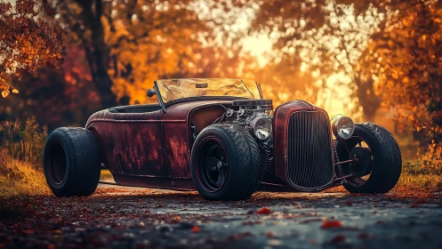 Custom hot rod roadster under golden autumn trees.