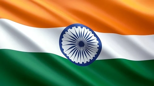 Indian national flag with Ashoka Chakra in center view.