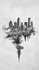 Monochrome mirrored city skyline forming a vertical pillar.