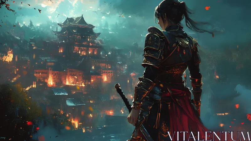 Cinematic digital painting of samurai overlooking burning citadel.