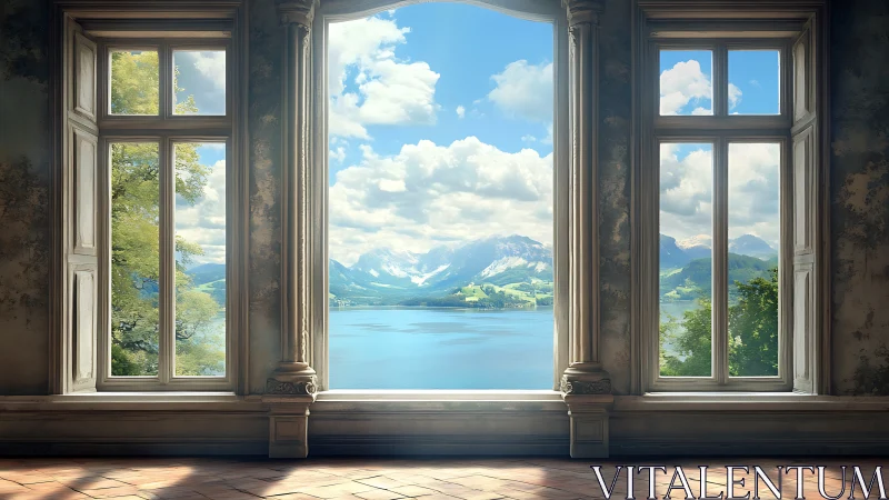 Grand lakeside window frames serene mountains and sky.