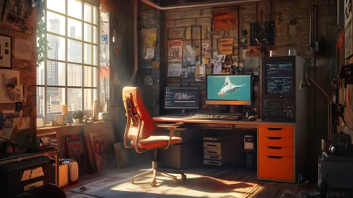 Industrial loft workspace with dual monitors and server unit.