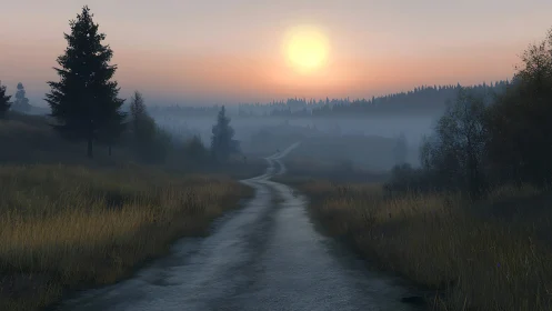 Misty country road at sunrise across open rural fields.