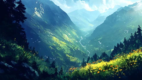 Sunlit alpine valley with wildflower meadow and distant peaks.