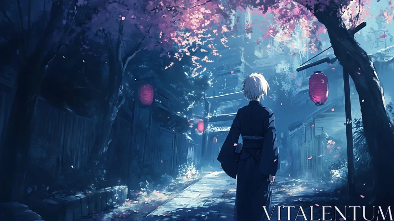 Solitary wanderer walks under twilight cherry blossoms