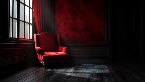 Velvet red armchair glowing softly in a quiet shadowed room.