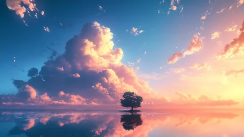Solitary tree anchors mirrored sunset sky with volumetric clouds