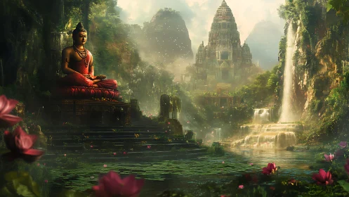 Buddha statue overlooks misty temple above lotus falls.