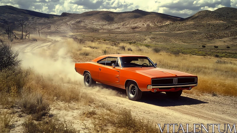 Desert-bred muscle car storms dusty trail beneath wild skies.