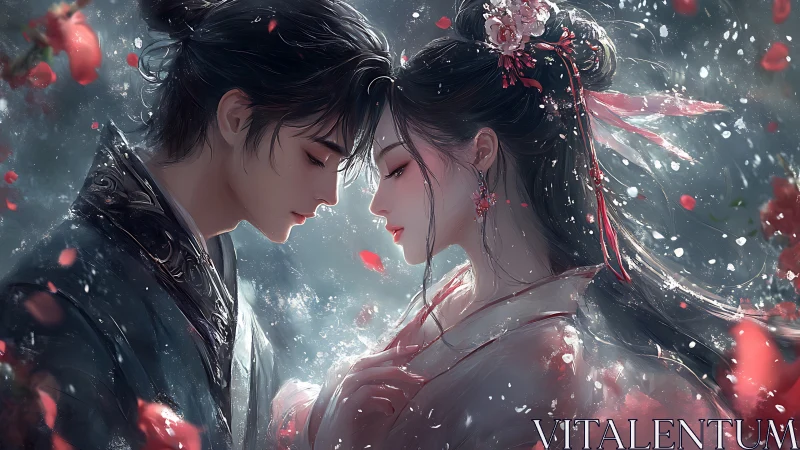 Two Figures in Profile with Particle Effects and Romantic Composition